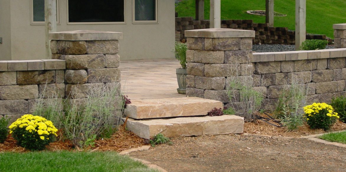 Modular block wall and pillars and stone steps